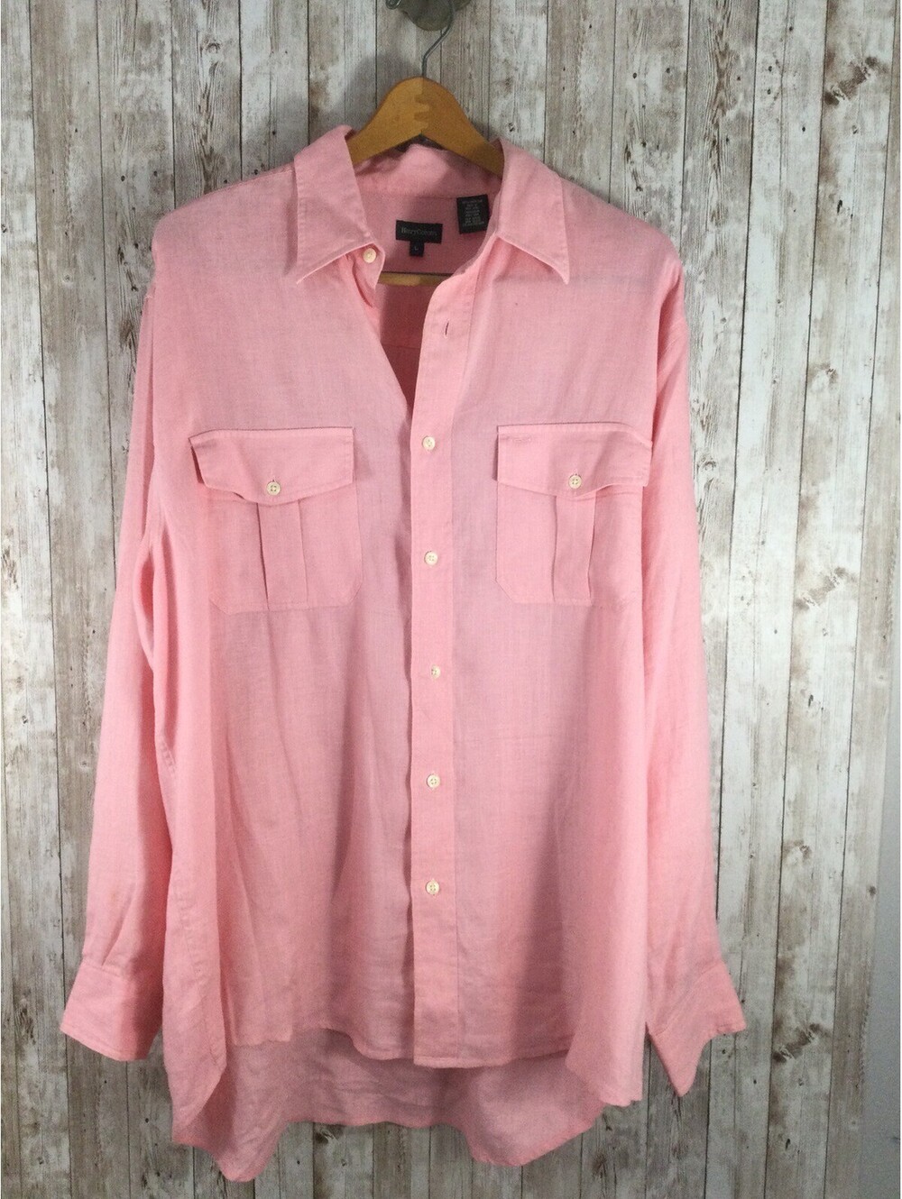 VTG HENRY COTTONS Pink 100% Linen Oversized Long Sleeve Button Up Shirt SZ L